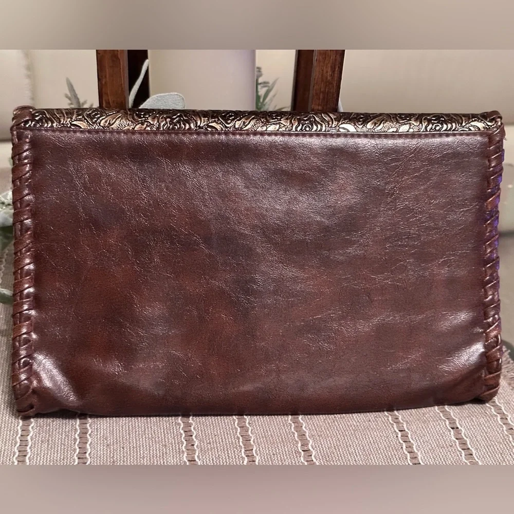 Twentyone | EUC Brown Boho Faux Leather Envelope Clutch Metallic Floral Accent